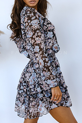 Elegant Floral Split Joint See-through Flounce V Neck Waist Skirt Dresses