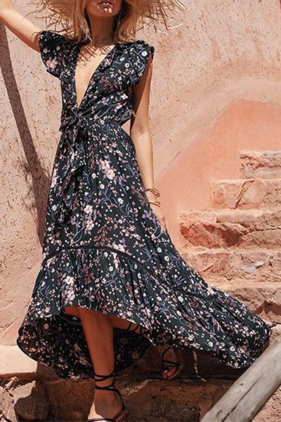 Fashion Floral Frenulum Flounce V Neck Irregular Dress Dresses