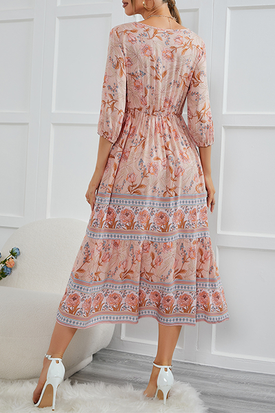 Bohemian Floral Buckle V Neck A Line Dresses