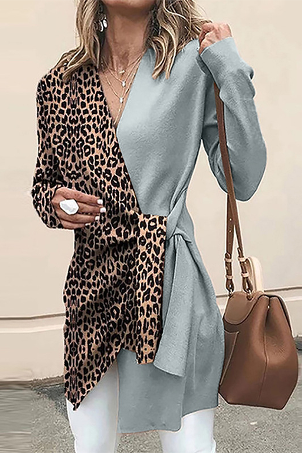 Casual Elegant Leopard Split Joint Strap Design V Neck Outerwear(4 Colors)