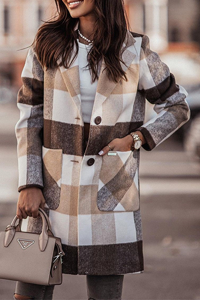 Elegant Solid Pocket Buckle Turn-back Collar Outerwear