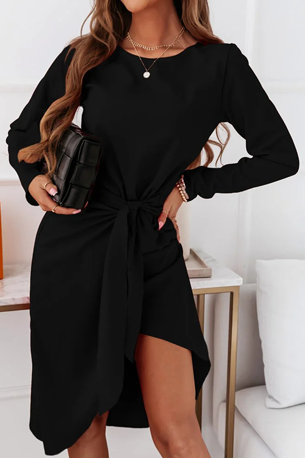 Fashion Elegant Solid With Belt  O Neck Long Sleeve Dresses£¨3 colors£©