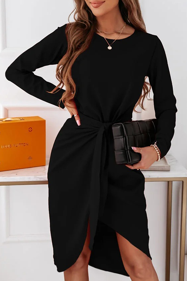Fashion Elegant Solid With Belt  O Neck Long Sleeve Dresses£¨3 colors£©