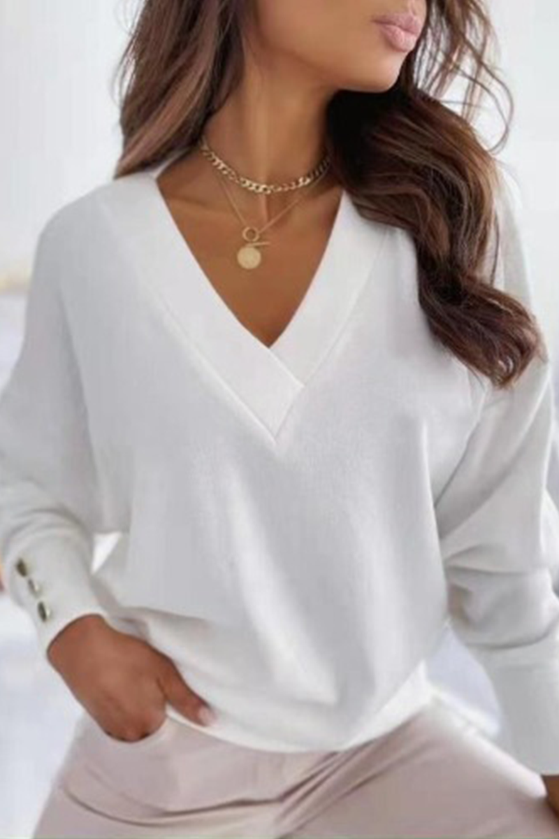 Casual Solid Split Joint Buckle V Neck Tops(4 colors)