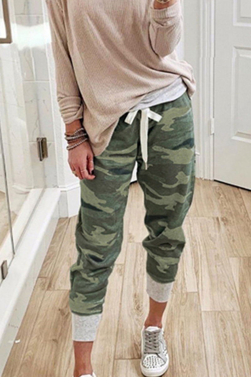 Casual Camouflage Print Draw String Capris Patchwork Bottoms