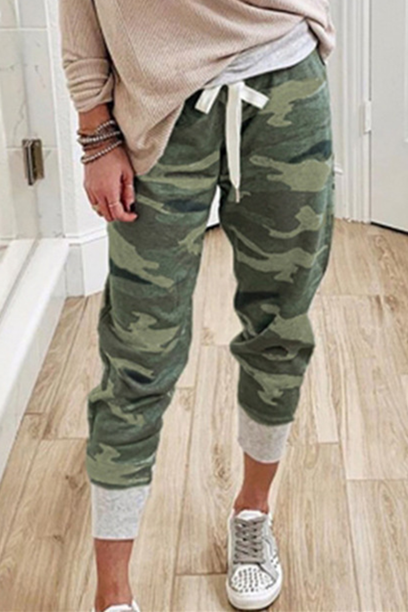 Casual Camouflage Print Draw String Capris Patchwork Bottoms