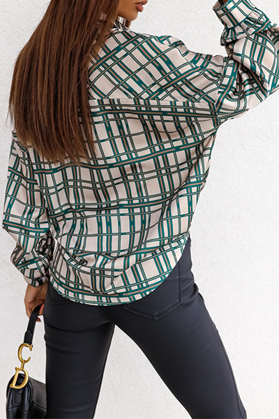 Fashion Elegant Plaid Buckle Turndown Collar Tops