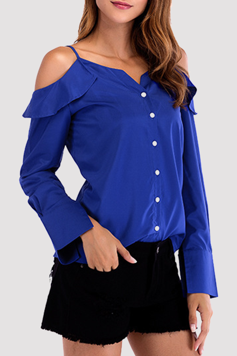Casual Solid Buckle Flounce Off the Shoulder Tops（4 colors）