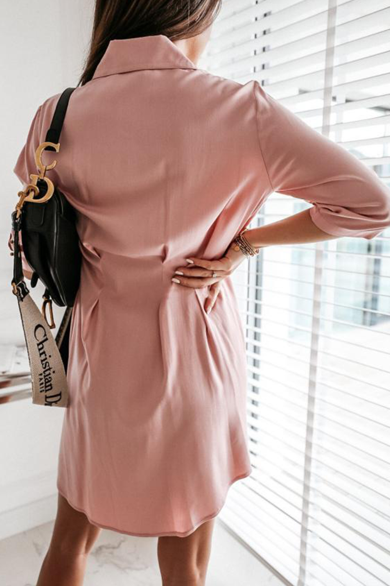 Fashion Casual Solid Buckle Fold Turndown Collar Shirt Dress Dresses（3 colors）