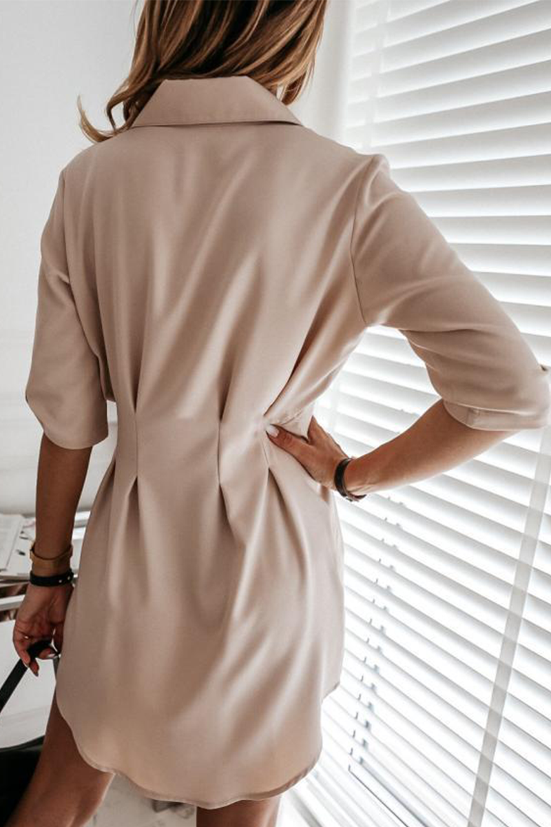 Fashion Casual Solid Buckle Fold Turndown Collar Shirt Dress Dresses（3 colors）