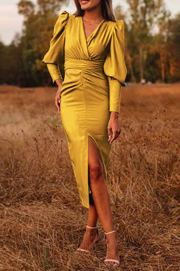 Fashion Elegant Solid Slit Fold V Neck Dresses£¨3 colors£©