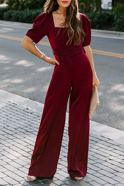 Fashion Elegant Solid Fold With Belt Square Collar Jumpsuits