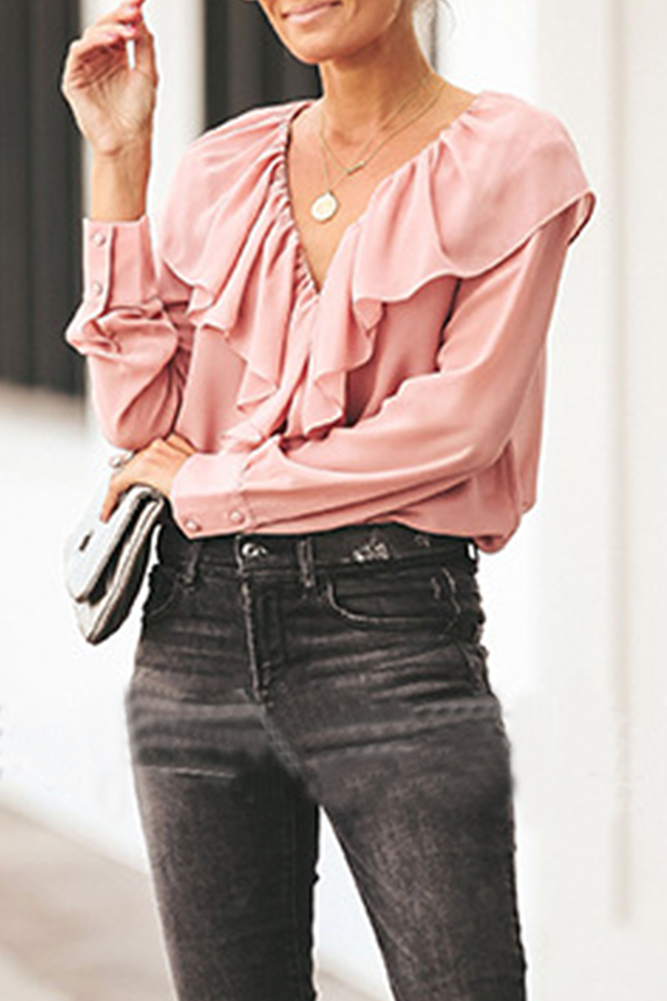 Fashion Elegant Solid Split Joint Flounce V Neck Tops