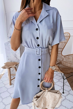 Casual Solid Buckle With Belt Turndown Collar Dresses