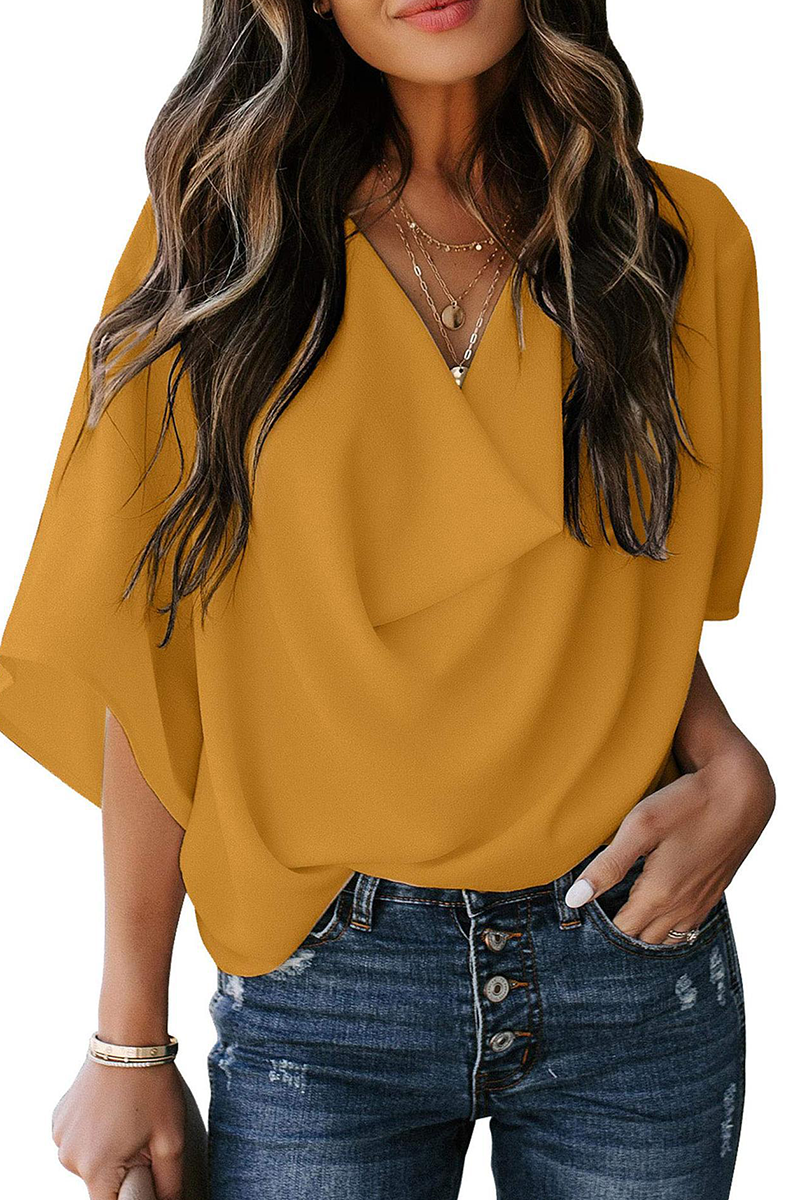 Casual Solid Flounce V Neck T-Shirts(7 colors)