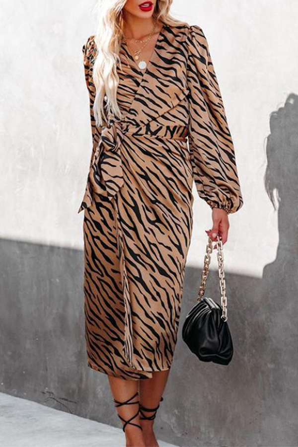 Fashion Elegant Animal Print Slit Strap Design V Neck Pencil Skirt Dresses