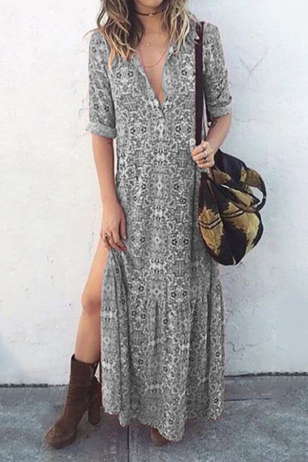 Casual Print Buckle Slit O Neck Dresses（3 colors）