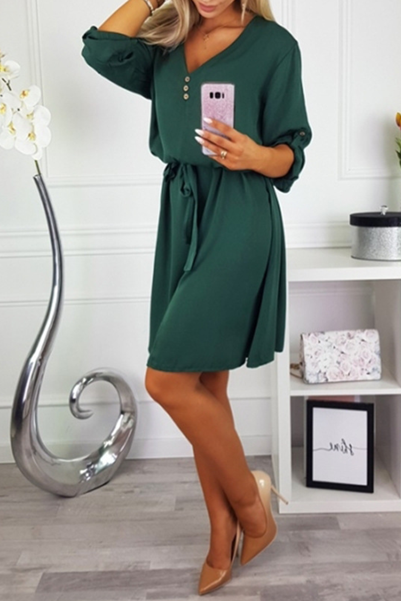 Fashion Casual Solid Buttons Strap Design V Neck Dresses