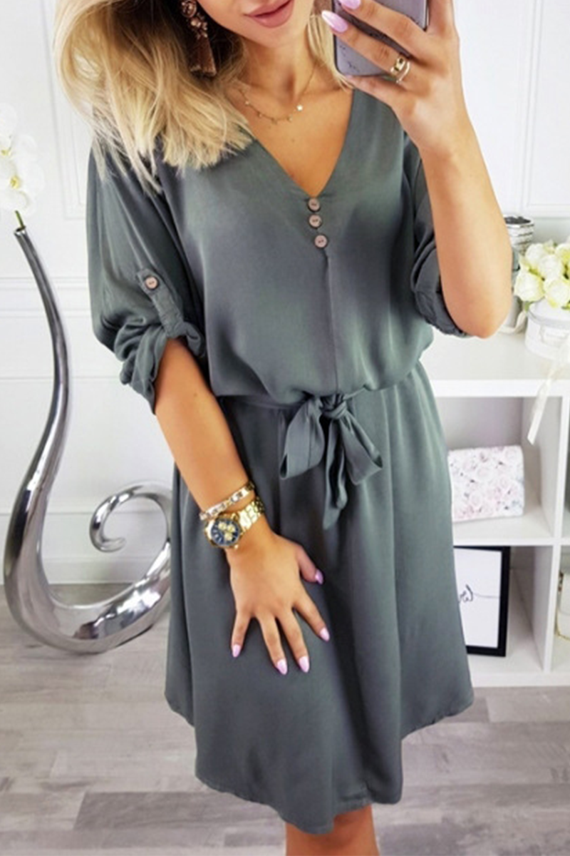 Fashion Casual Solid Buttons Strap Design V Neck Dresses