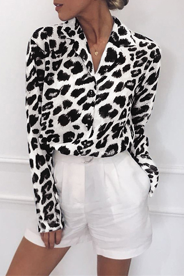 Fashion Casual Leopard Buckle Turndown Collar Tops(4 colors)