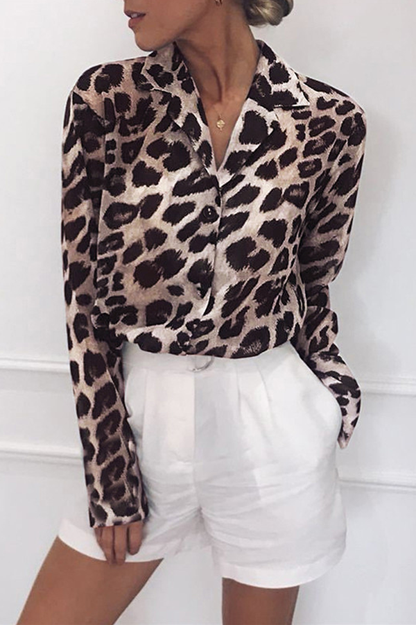 Fashion Casual Leopard Buckle Turndown Collar Tops(4 colors)
