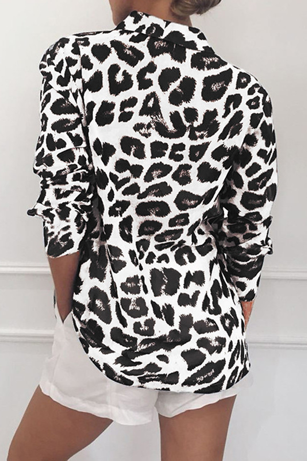 Fashion Casual Leopard Buckle Turndown Collar Tops(4 colors)