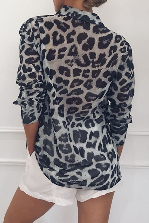 Fashion Casual Leopard Buckle Turndown Collar Tops(4 colors)