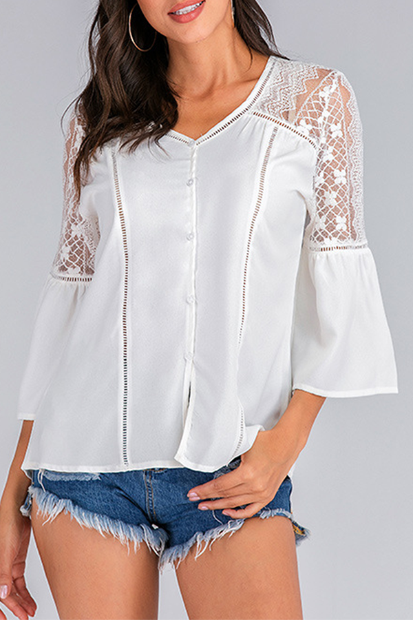 Casual Elegant Solid Lace Ripped Buckle O Neck Tops