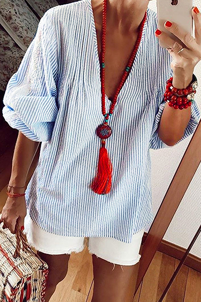 Casual Striped Lace Split Joint V Neck Tops