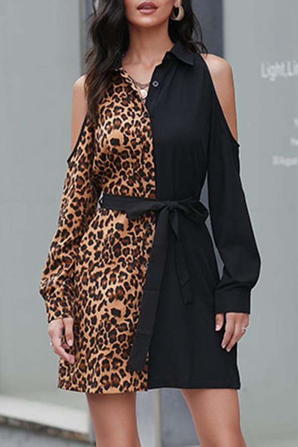 Fashion Street Leopard Buckle With Belt Turndown Collar A Line Dresses