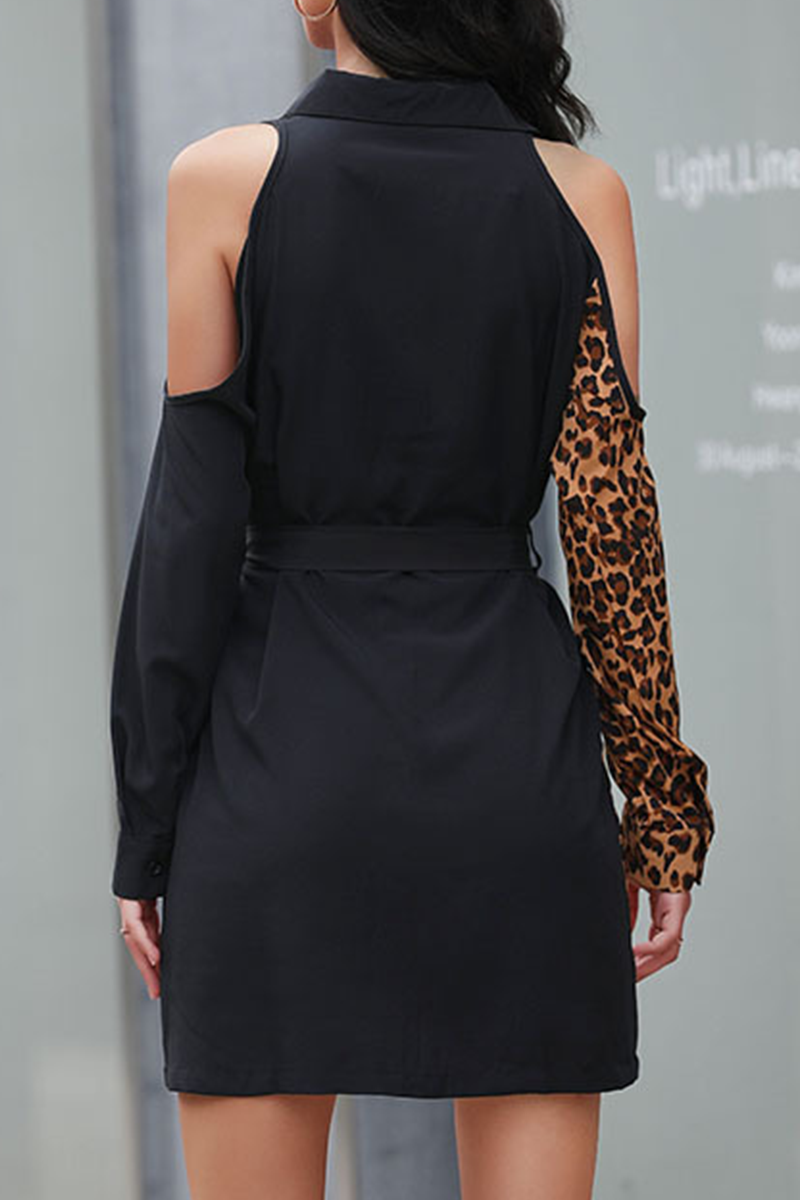 Fashion Street Leopard Buckle With Belt Turndown Collar A Line Dresses