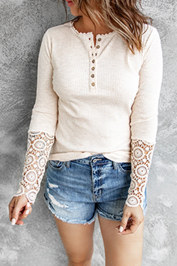 Casual Patchwork Lace Buckle O Neck Tops