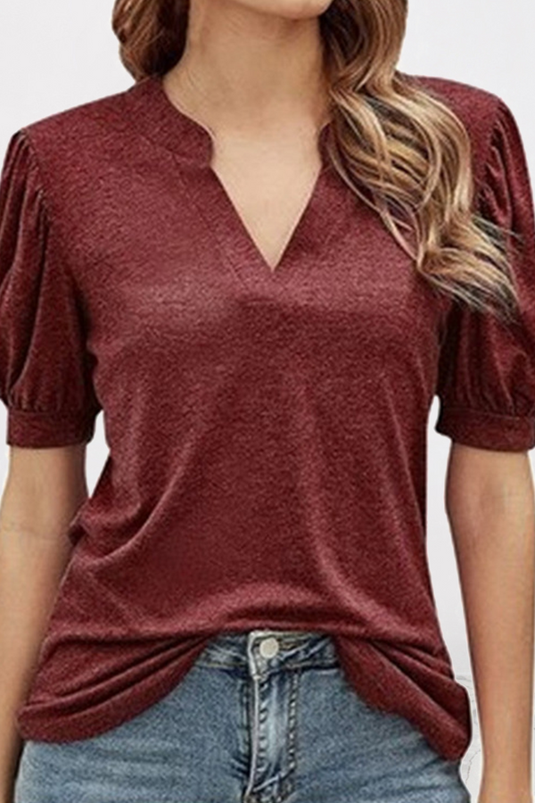Casual Solid Split Joint V Neck T-Shirts