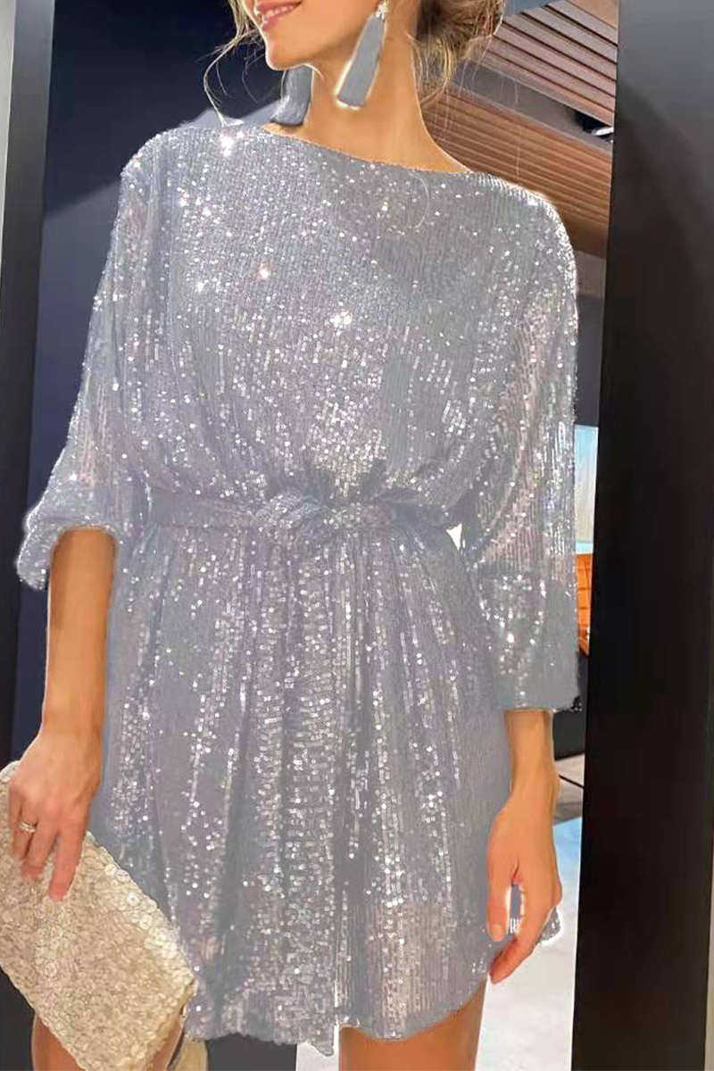 Sexy Solid Sequins Off the Shoulder Waist Skirt Dresses