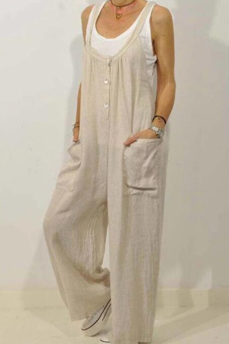 Casual Solid Split Joint U Neck Loose Jumpsuits