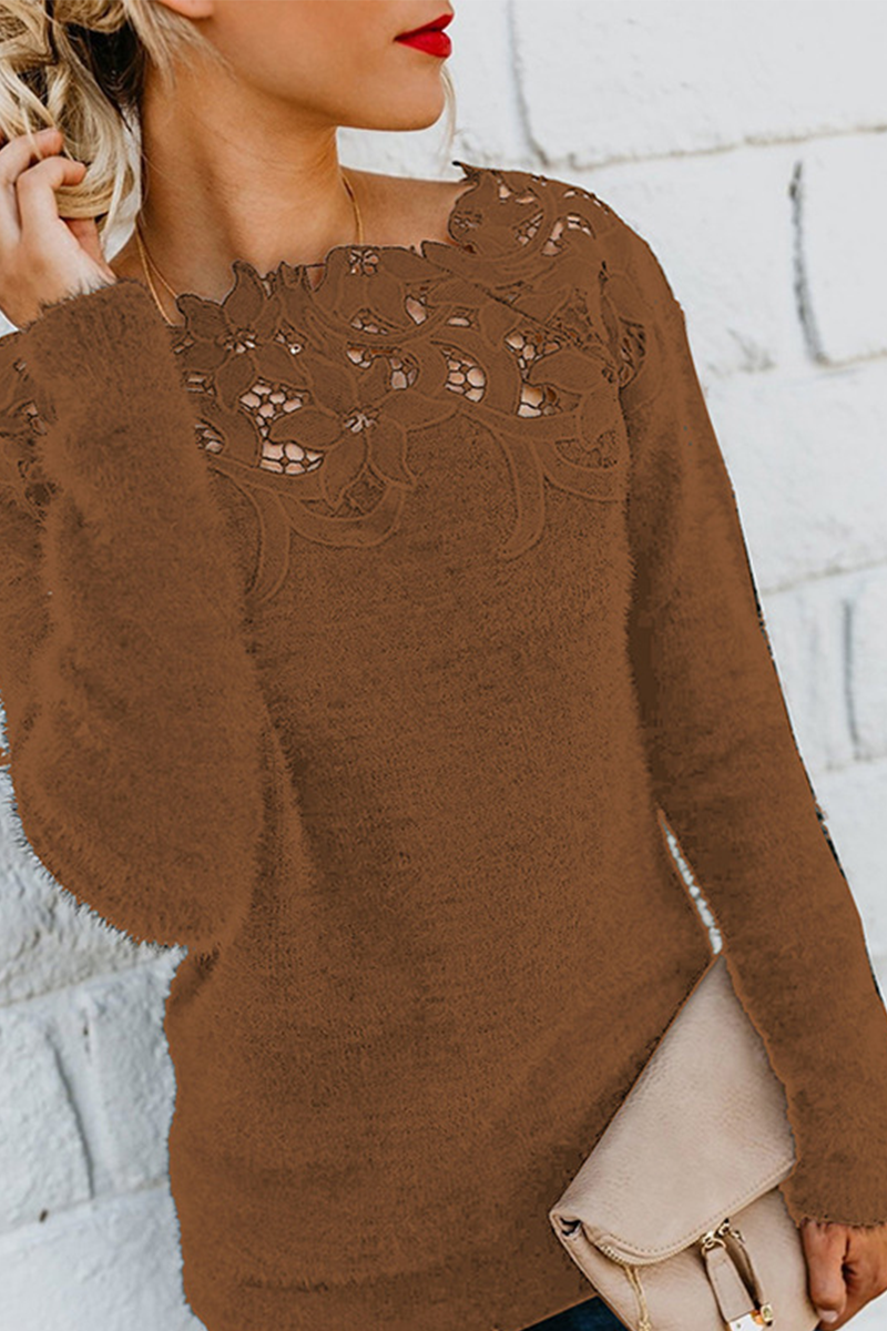 Casual Solid Lace Patchwork O Neck Sweaters(4 Colors)