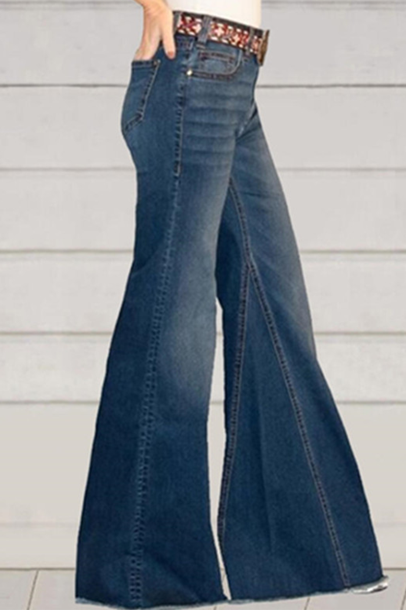 Casual Solid Split Joint Mid Waist Boot Cut Denim Jeans