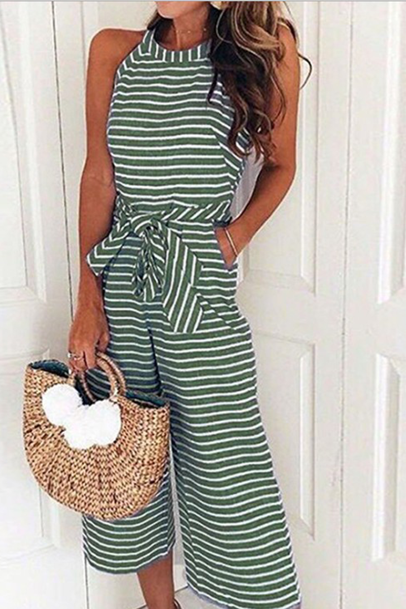 Casual Striped Patchwork O Neck Loose Jumpsuits(5 Colors)