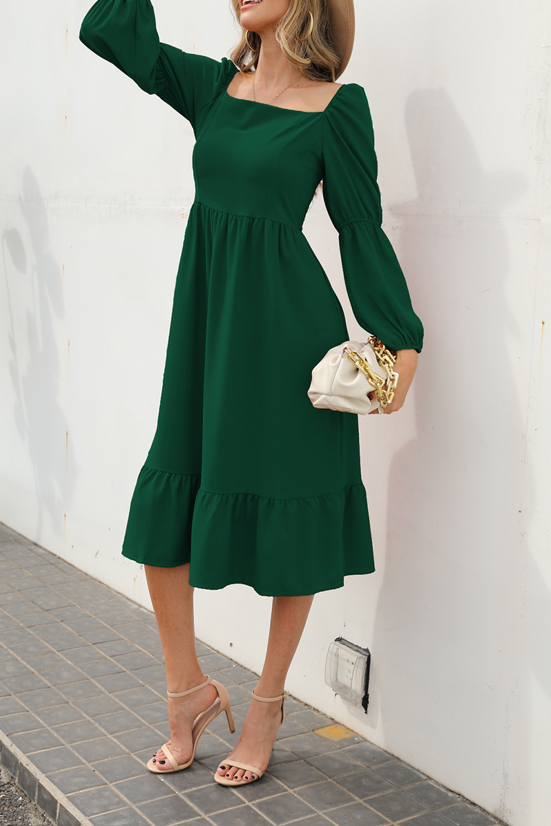 Casual Solid Split Joint Square Collar Waist Skirt Dresses