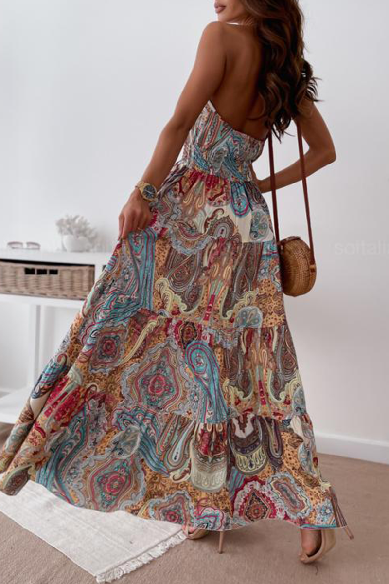 Fashion Print Split Joint Halter Waist Skirt Dresses