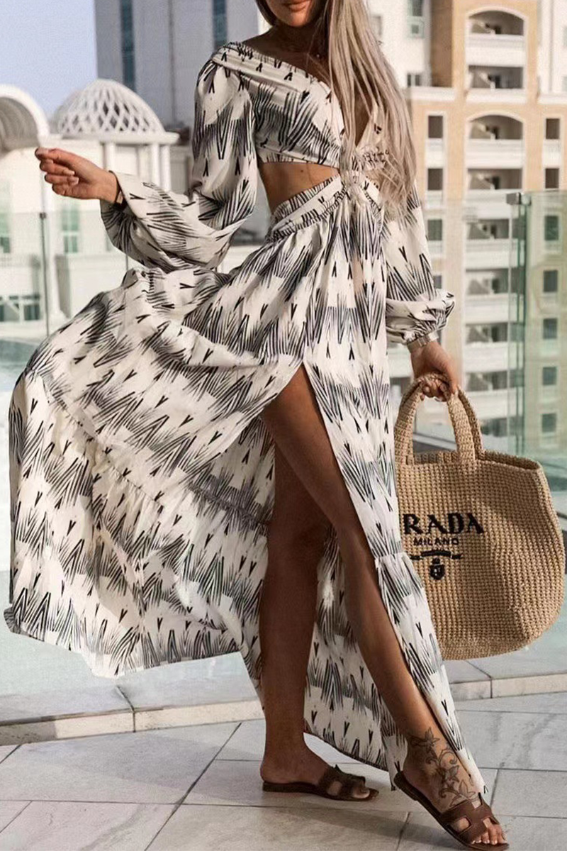 Fashion Print Hollowed Out V Neck Irregular Dress Dresses