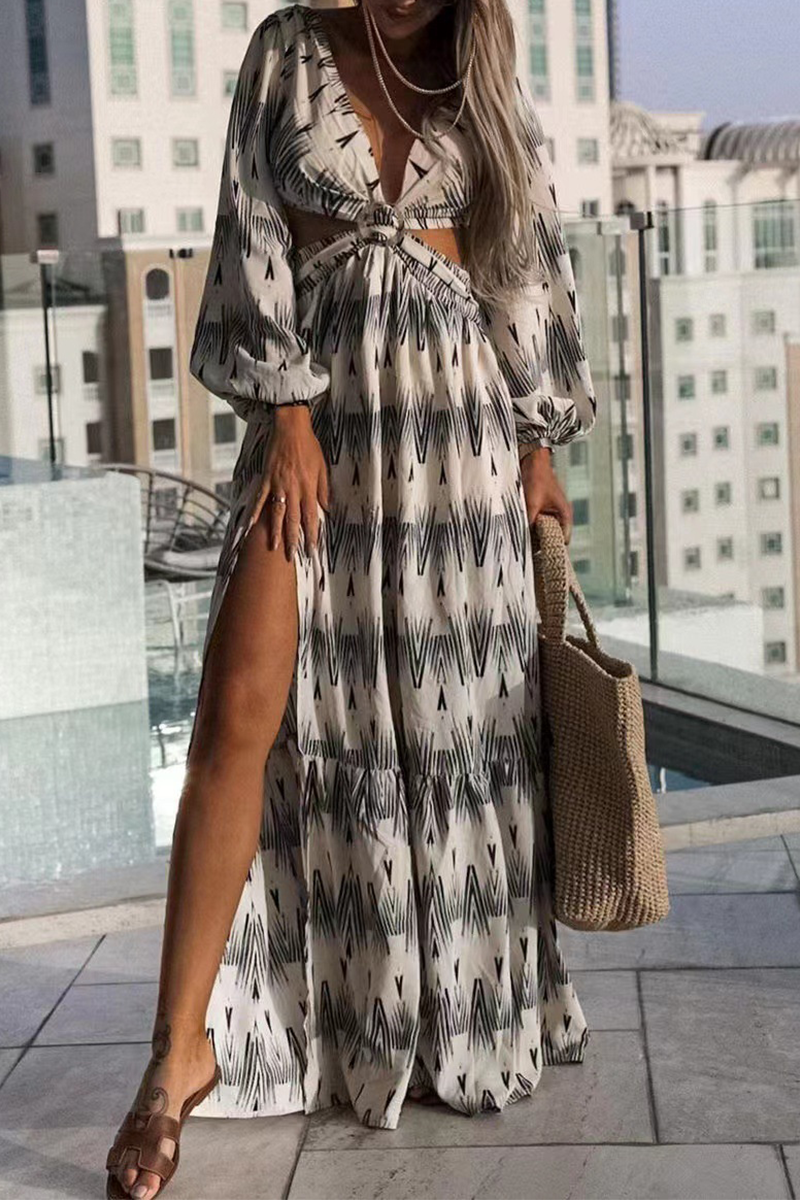 Fashion Print Hollowed Out V Neck Irregular Dress Dresses