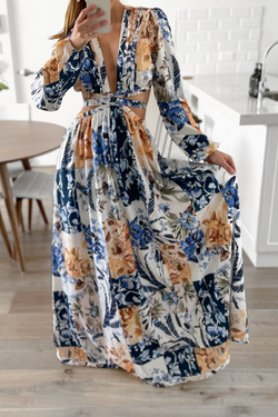 Fashion Print Backless V Neck Waist Skirt Dresses