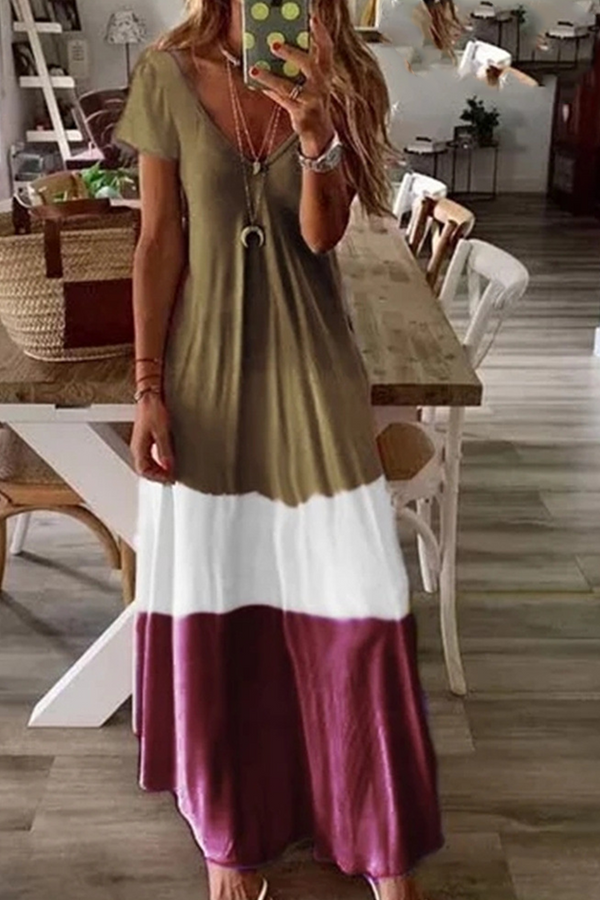Fashion Solid Split Joint V Neck Cake Skirt Dresses(4 colors)