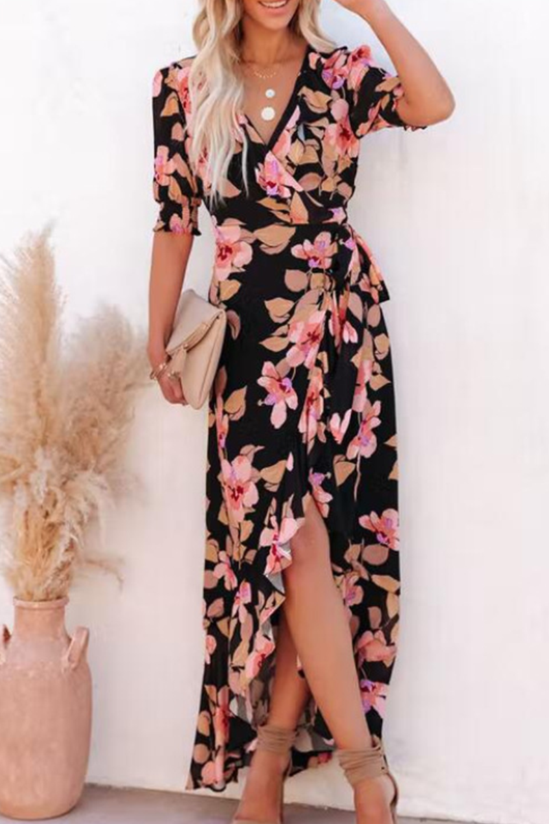 Fashion Print Split Joint V Neck Waist Skirt Dresses