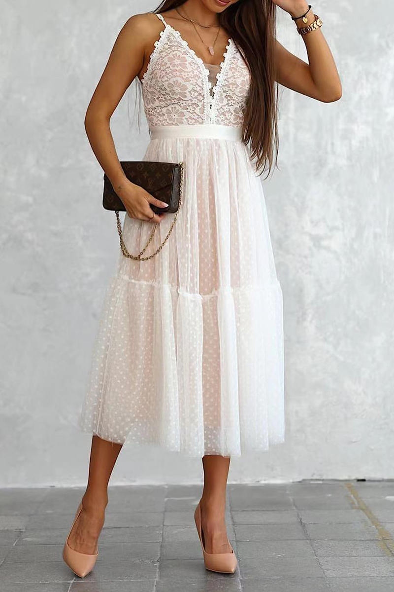 Casual Patchwork Lace Spaghetti Strap Cake Skirt Dresses