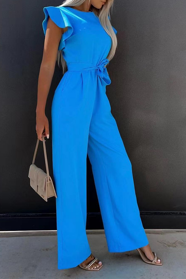 Casual Solid Flounce O Neck Straight Jumpsuits(3 colors)