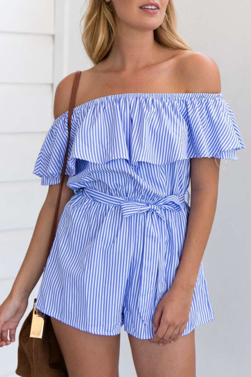 Casual Striped Flounce Off the Shoulder Straight Jumpsuits