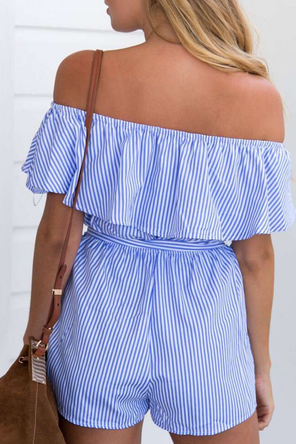 Casual Striped Flounce Off the Shoulder Straight Jumpsuits