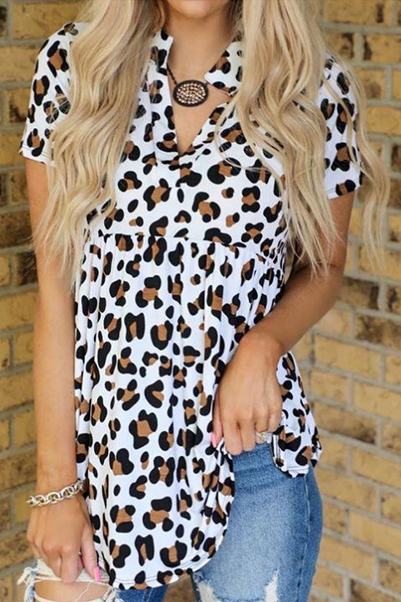 Casual Leopard Patchwork Turndown Collar T-Shirts